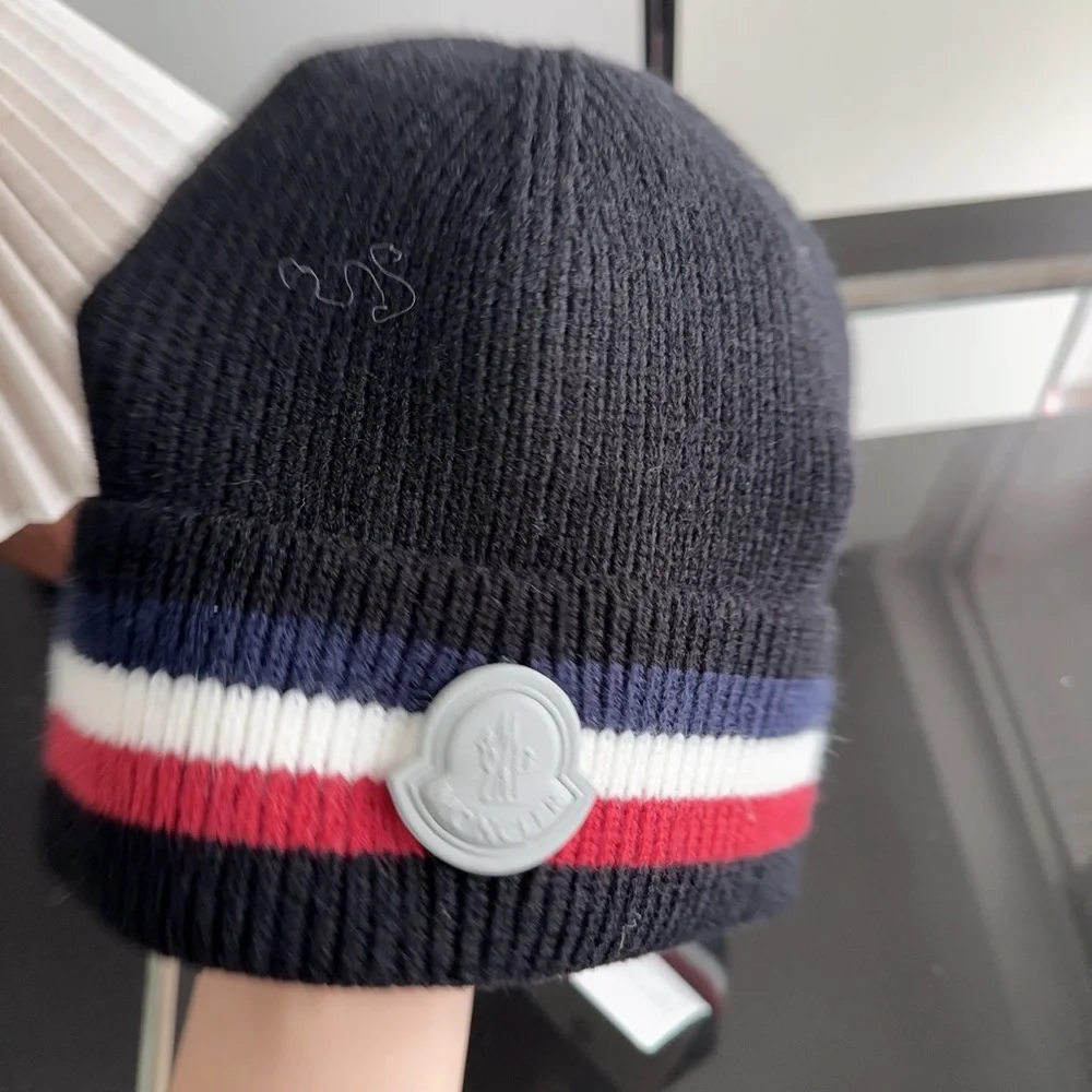 Moncler Kids Black Knit Beanie with Tricolor Stripe and Logo Badge